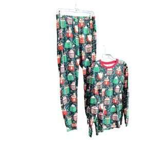 PJ PLACE Pajama Set Womens Med Green Christmas‎ Holiday Santa Cocoa 100% Cotton